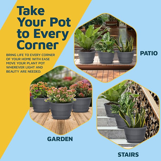 10-Inch Whiskey Barrel Planters Outdoor Pack of 25 - Durable Plastic Plant Pots for Indoor & Outdoor Use with Drainage & Saucer, Lightweight Rustic Barrel Planters for Flowers, Herbs & Small Plants