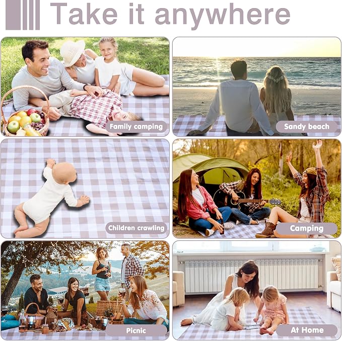 80"x80" Extra Large Waterproof Outdoor Mat - Sandproof Foldable Picnic Blanket for Family Camping, Backyard, Beach Parties - Heavy Duty & Easy Storage (Light Brown)