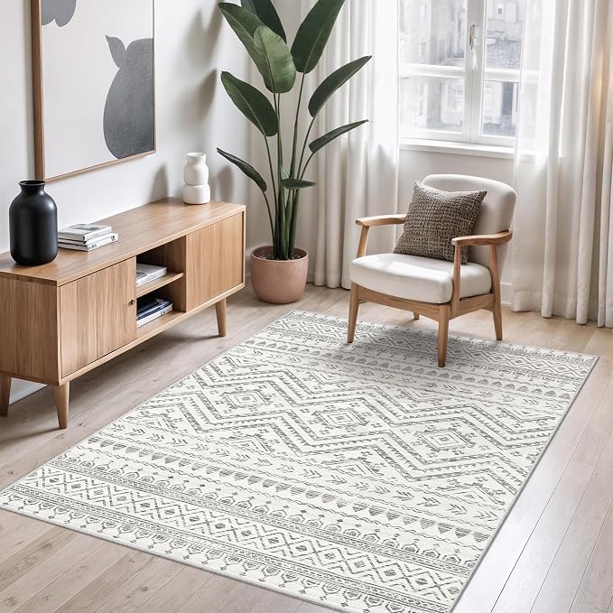 Miukiki 3x5 Washable Area Rug Moroccan Soft Non Slip Entryway Rug Grey | Machine Washable 3x5 Rug for Bedroom Kitchen Living Room, Low Pile Indoor Floor Carpet with Vintage Pattern