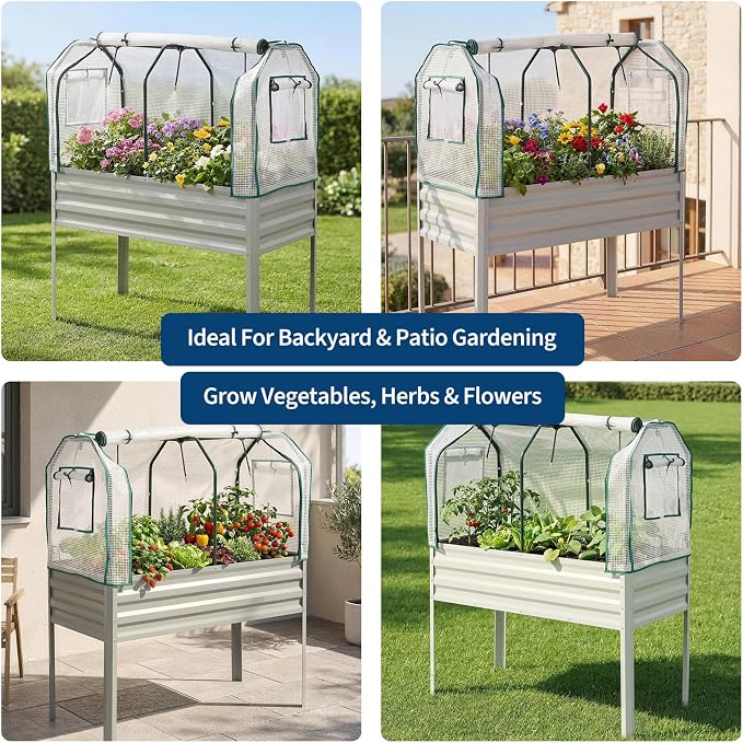 48Ć24Ć56in Galvanized Elevated Raised Garden Bed with Legs, Greenhouse Cover & Bird Net, Deep Metal Raised Planter Box for Backyard Patio Balcony Vegetables Herbs Flowers