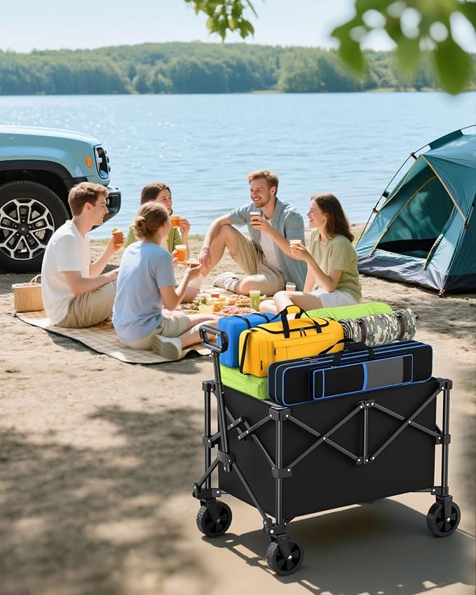 Kitsure Collapsible Wagon with Wheels, Foldable Dog Wagon Carts with 250lbs Load Capacity, Utility Shopping Cart, Black, 30.7" x 19.7" x 36.4"