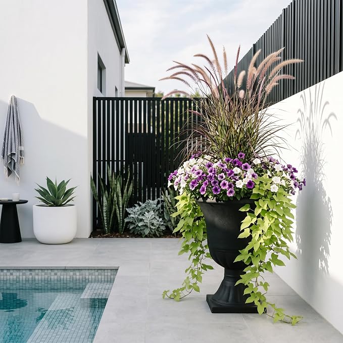 Worth Garden 2-Pack Plastic Urn Planters for Outdoor Plants, 22'' Black Tall Round Classic Resin Traditional Flower Pots - 15 in. Dia Large Imitation Stone Decorative Pot Patio Deck Front Porch