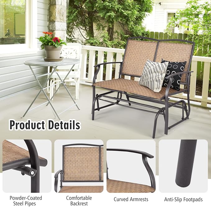 Tangkula 2-Person Patio Glider Bench, Outdoor Rocker Glider Loveseat Chair W/Heavy-Duty Steel Frame, Breathable Seat Fabric, Rocking Lounge Chair for Poolside, Garden, Backyard (Brown)