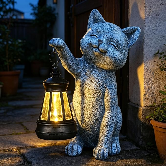 Cat Garden Outdoor Statues: Outside Decor with Lanterns for Yard Art Lawn Ornaments Porch Patio Balcony Home House - Birthday Gifts for Grandma Mom Women (cat2)