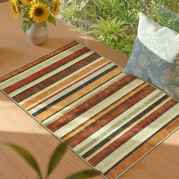 jinchan 2x3 Striped Rug for Entryway Washable Kitchen Rug, Caramel Dusk | Non-Slip, Thin, Lightweight, for High-Traffic, Decor Carpet, Modern, Small, Doormat, Indoor Entrance, Laundry Room, Bathroom