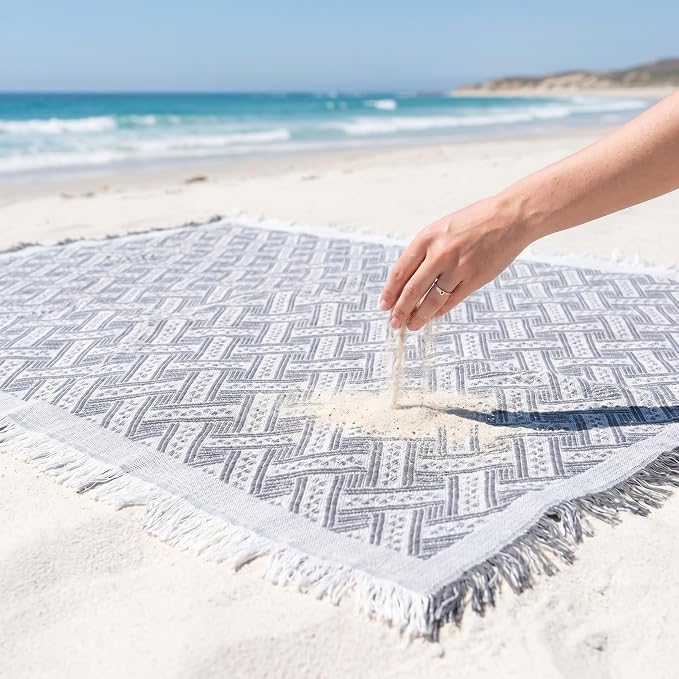 70x70 Bohemian Picnic Mat Extra Large, Sand Proof Outdoor Camping Blanket Machine Washable, Lightweight Portable Travel Tarp for 5-7 Adults Beach Park Grass (Gray-T-Grid)