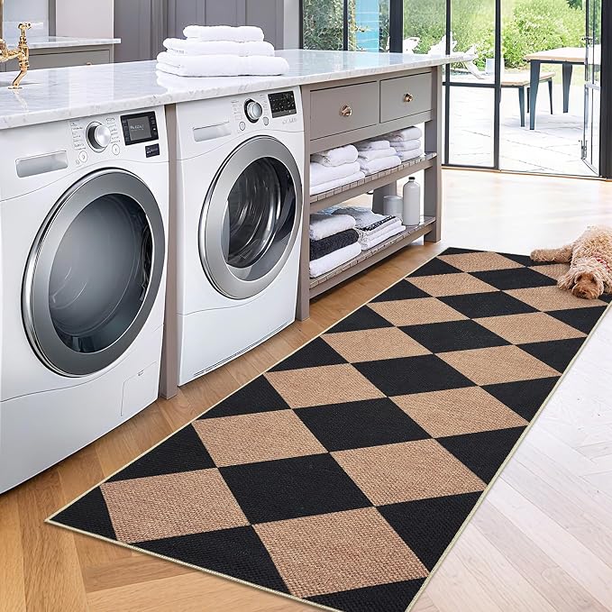 GarveeHome Easy Jute Rugs 2x8 Checkered Kitchen Runner Rugs Non Skid Washable Stain Resistant Indoor Outdoor Rugs for Living Room, Bedroom, Dining, Patio - Farmhouse Style Black Tan