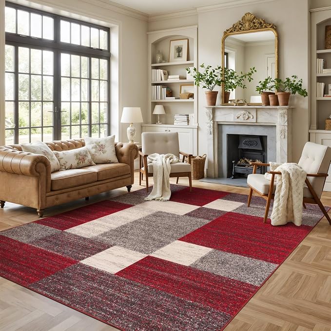 Rugshop Geometric Boxes Non-Slip Modern Large Area Rug Red 7'10" x 10' | Non-Shedding, Rectangular, Size 7'10" x 10', Living Room, Bedroom, Dining Room, Home Office, Kitchen, Entryway, Hallway