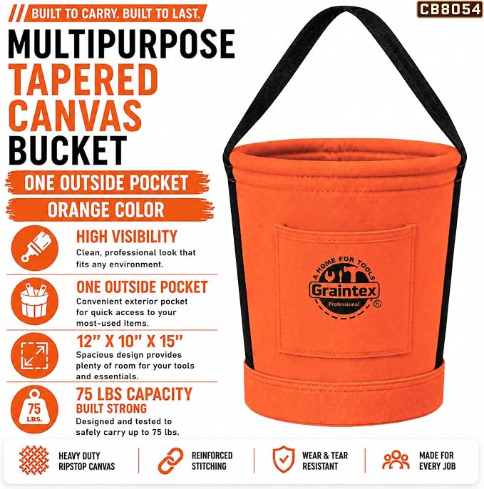 Graintex Tapered Canvas Bucket 12"x10"x15", Utility Tool Bucket One Inside Pocket, Reinforced Base & Carry Handle, Ripstop Canvas, Multi-Purpose Bag for Jobsite & Home Use for Tool Storage Solutions