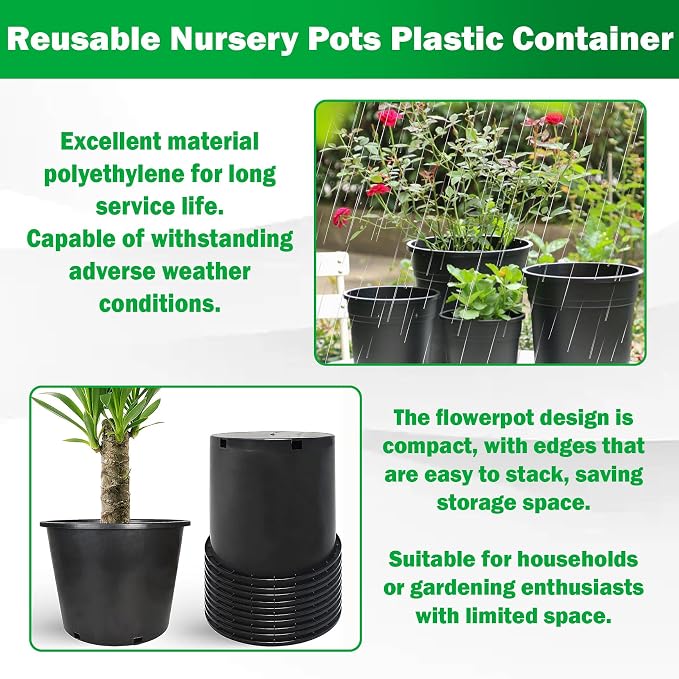 Nursery Pots with Drainage Holes Pack of 10 Pcs 7 Gallon and Plant Label Flexible Seedling Pots Seed Starting Planter for Indoor Outdoor Flowers Succulents Cactus