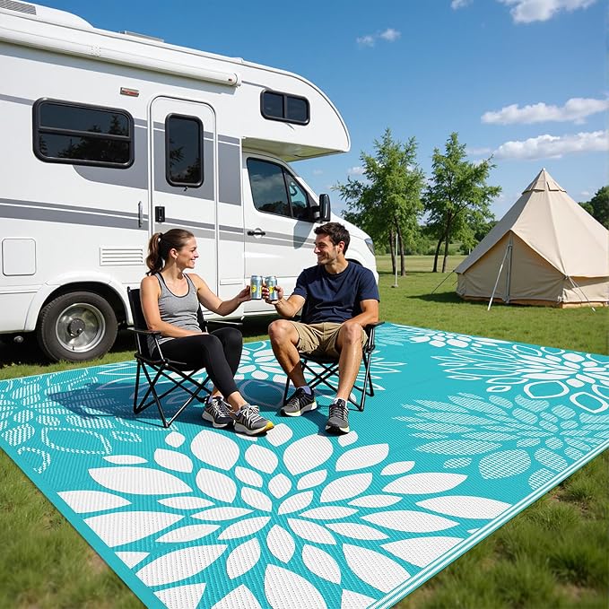 HEBE Waterproof Outdoor Rug 9x12 for Patios, Floral Reversible Plastic Straw Rug Patio Mat, Indoor Outdoor Carpet RV Mat Camping Rug for Deck, Camper, Porch, Balcony, Backyard, Picnic
