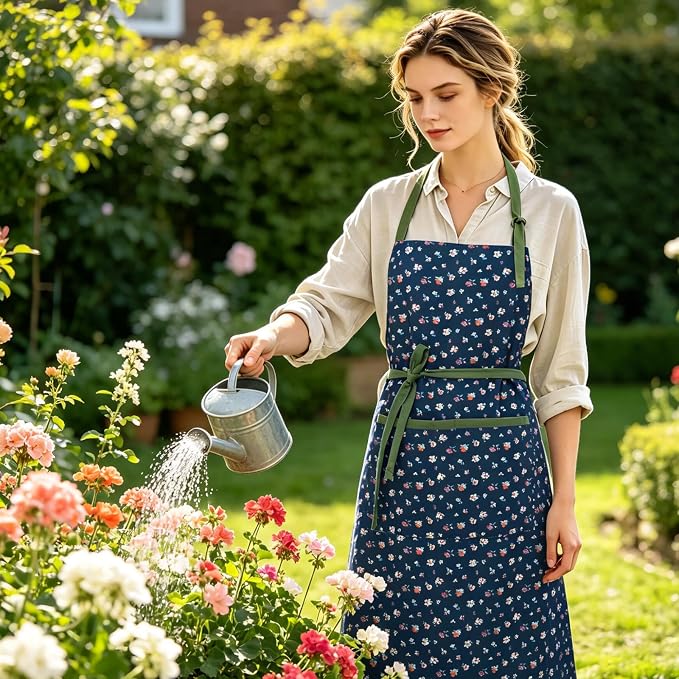 Women's Vintage Floral Kitchen Apron for Cooking & Gardening | Adjustable Neck Straps & Large Pockets, Cute Pinafore for Baking Tea Time, Practical Hostess Gift(Navy2)