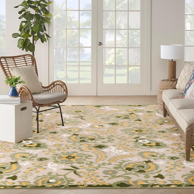 Nourison Home Aloha Ivory Green 9' x 12' Area Rug - Easy Clean, Non Shedding, Bed Room, Living Room, Dining Room, Kitchen (9' x 12')
