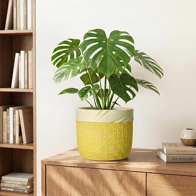 8 Inch Pots for Plants - Ceramic Planter for Indoor Plants, Round Flower Pots with Drainage Hole and Plug, Boho Decorative Plant Pot, Home Room Decor, House Warming Gifts New Home, Yellow