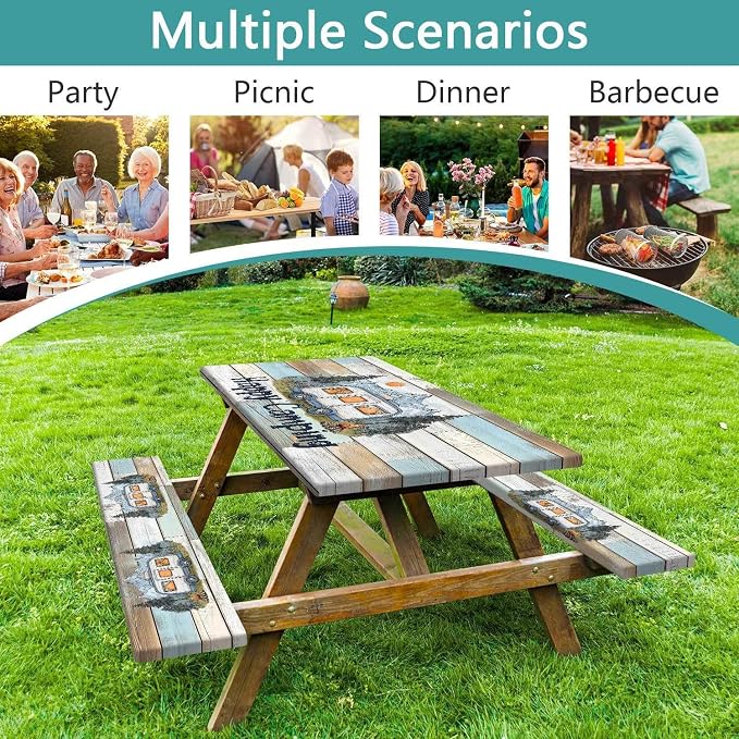 Wooden Camper Picnic Table and Bench Cover, Camping Table Cover with Drawstring Bag, Waterproof Windproof Outdoor Elastic Tablecloth, Fitted Rectangle Tables and Seats 3 Pieces Set, 30x72 Inch