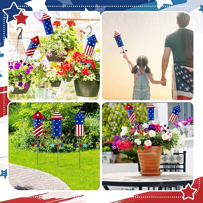 Pickmesh 6 Pcs 12" H 4th of July Outdoor Decor Patriotic Yard Decor Fireworks Red White Blue Metal Yard Sign Garden Stake 250th Anniversary USA Flag Rocket American for Independence Day Decoration