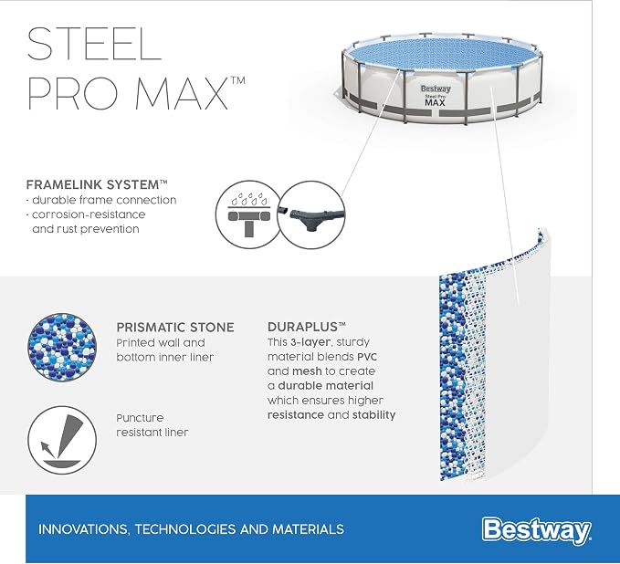 Bestway Steel Pro MAX Frame Pool Set with Filter Pump, Diameter 366 x 76 cm, Light Grey, Round