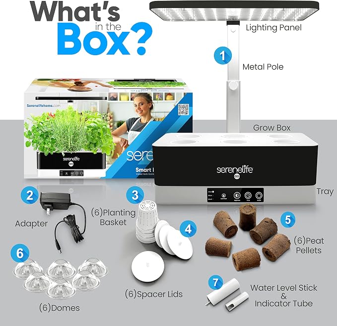SereneLife Smart Starter Kit-Hydroponic Herb Garden Indoor Plant System w/Height Adjustable LED Grow Lights, 6 pods, 3 Modes-Home Kitchen, Bedroom, Office SLGLF130 (Black)