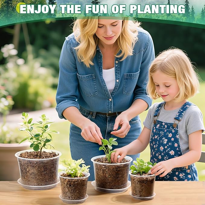RAOOKIF 10/8/6/5 Inch Clear Nursery Pots with Drainage Hole and Saucers, 12 Pack Large Nursery Pots for Plants for Indoor Outdoor, Plastic Clear Plant Pots for Flowers, Succulents, Vegetables