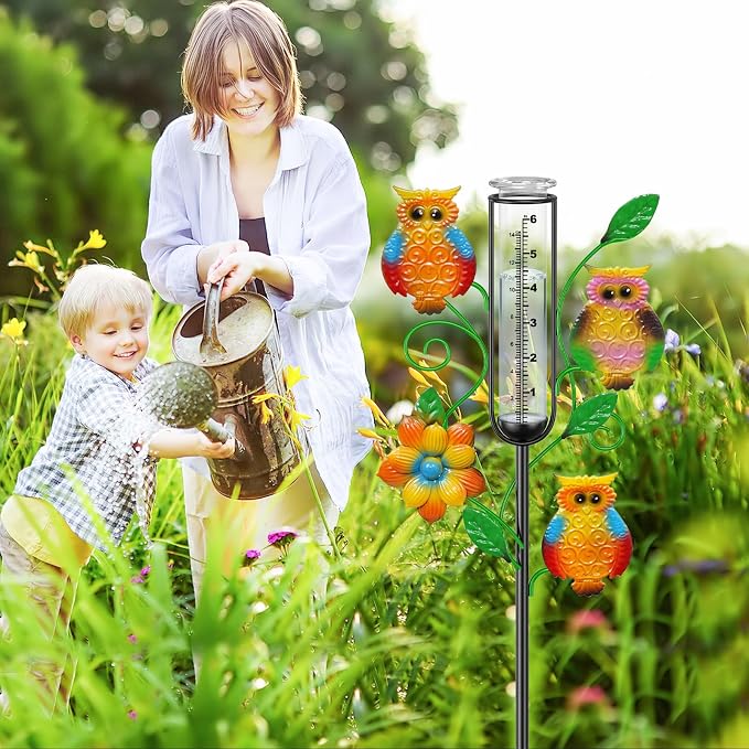 Owl Rain Gauge Outdoor, Metal Rain Gauges Stake with 6“ Glass Tube, Decorative Rain Gauges for Yard Garden Lawn for Precipitation Measurement