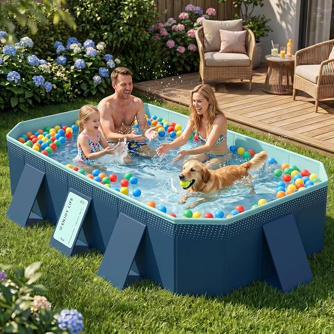 113" Non-Inflatable Foldable Pool, Extra Large Collapsible Swimming Pool with Rigid Hard Composite Board, Thickened Portable Pool for Outdoor, Backyard, Family, Camping(Geranium Blue, 3M)