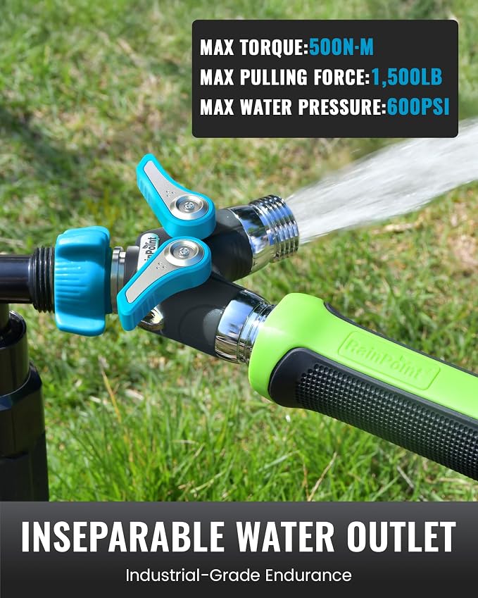 RAINPOINT Garden Hose Splitter, 2 Way Heavy Duty Water Hose Y Spigot Splitter with Shutoff Valves, 100% Metal Body Outdoor Faucet Splitter, 1.9" Extra Long Metal Handle, 3/4" GHT Thread (2, Green)