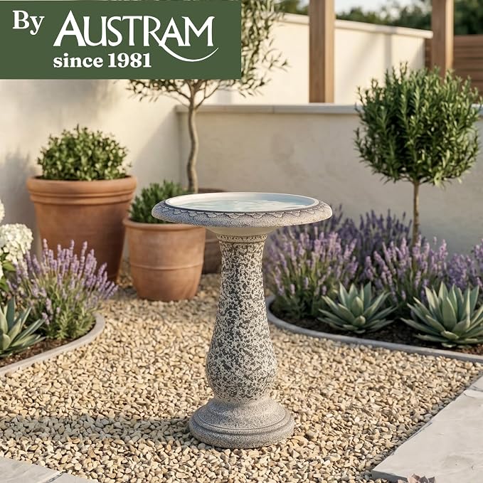 Bird Bath for Outside 23 Inch Speckled White - Stone-Resin Composite Pedestal Birdbath Bowl - Decorative Standing Outdoor Garden Decor for Front Porch Patio Yard Backyard Lawn Ornament