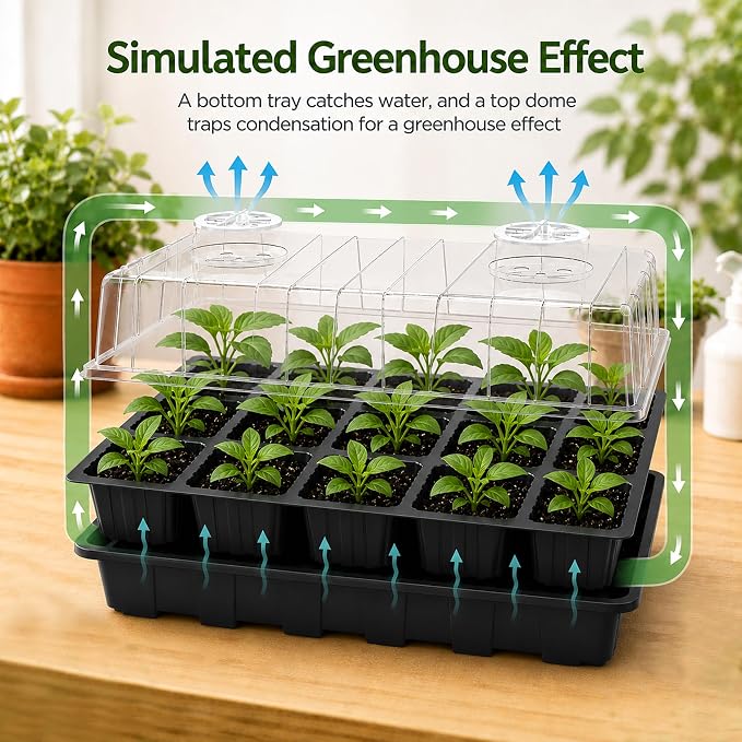 Gardzen 5-Pack Seed Starter Kits, Reusable Plant Germination Trays with Total 75-Cell, Seed Starter Tray with Humidity Vented Domes and Bases for Starting Vegetable Flower Herb Seeds 15" x 9", Black