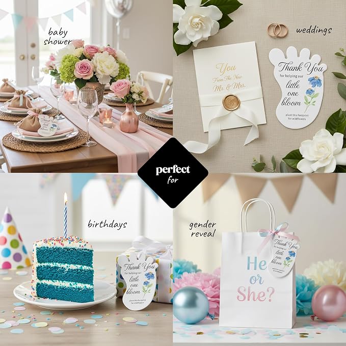 12pcs Blue Footprint-Shaped Gift Tags with Wildflower Seeds - Writable Gift Wrap Tags for Baby Showers, Mother's Day Present, Party Favors, DIY Crafts, & Earth Day Decorations