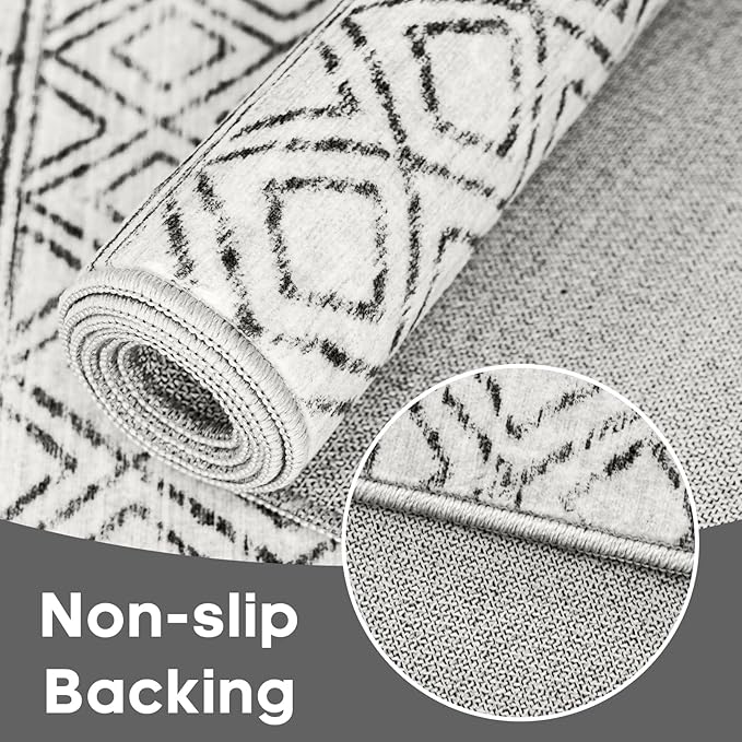 Square 6x6 Moroccan Area Rug:Machine Washable Non Slip Rug Geometric Grey | Low Pile Boho Floor Mat for Living Room Bedroom Game Room - Soft Non-Shedding Rugs for Home Office Decor