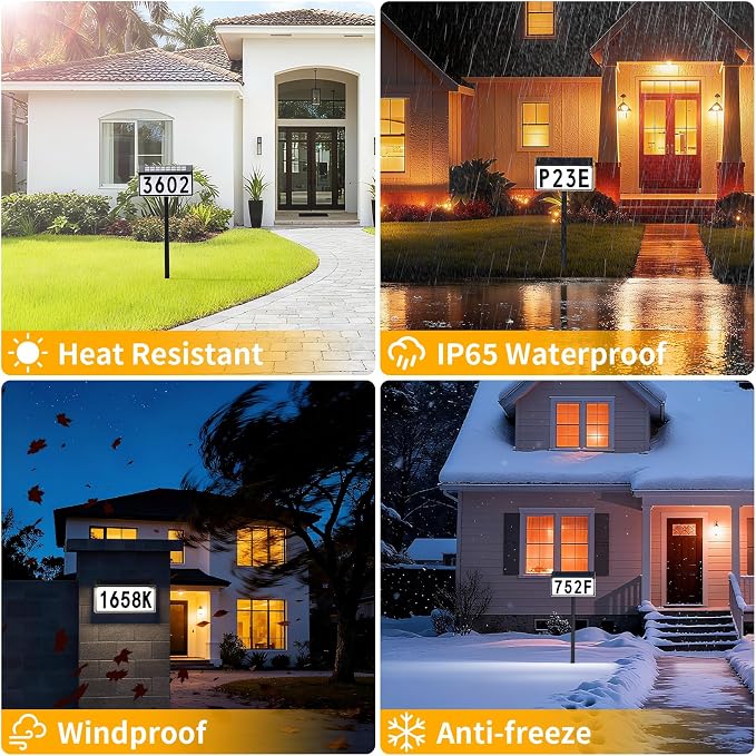Solar Address Sign, Lighted House Numbers for Outside, 3 Colors Waterproof Illuminated House Number Plaque With Stake, Wall Mounted or In Ground Solar Address Numbers for Yard Garden Street Home (Black, 2 Pack)