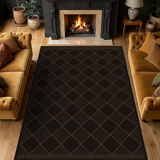 Large Dark Brown Checkered Easy Jute Outdoor Area Rug 5x7, Boho Diamond Geometric Pattern Non-Slip Living Room Patio Rug Indoor, Low Pile Stain Resistant Boho Decor Carpet for Dining Room and Office
