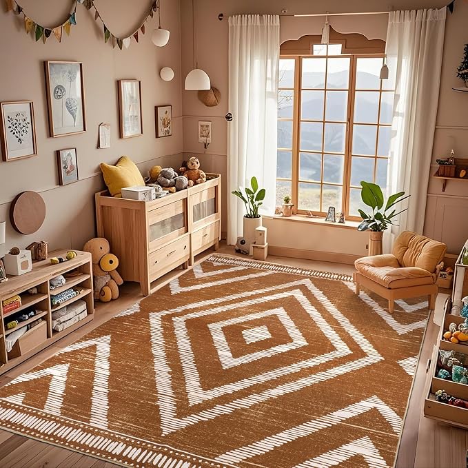 Boho Washable Area Rugs 6x9ft, Moroccan Soft Brown Living Room Nursery Rugs Non Slip, Low Pile Large Bedroom Floor Carpets for Dining Room Bathroom Office Farmhouse