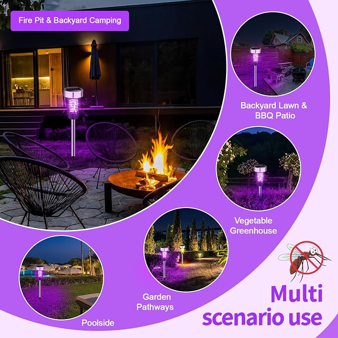 Qualirey 12 Pack Solar Bug Zapper Outdoor Waterproof Mosquito Repellent Killer Bug Zapper Lamp with LED Light for Outdoor Garden Patio Yard (Purple and Warm Light,Silver)