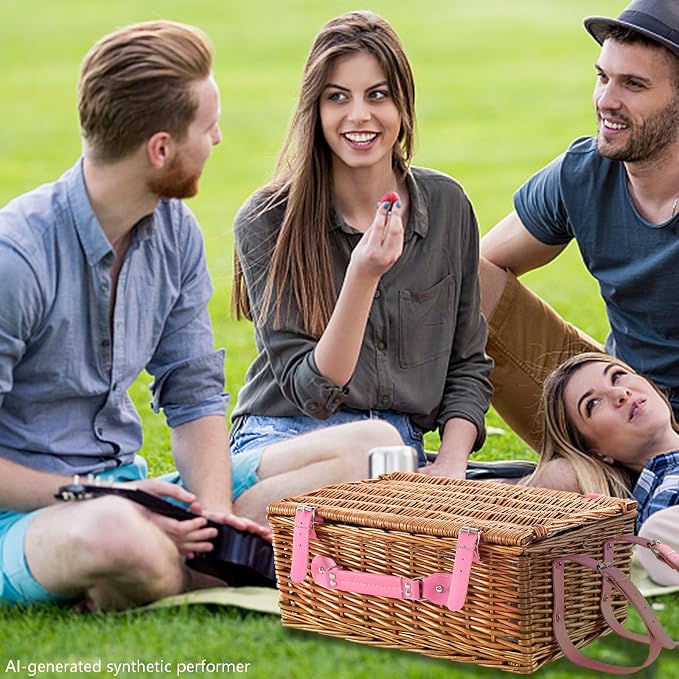 Picnic Basket Set for 4 with Waterproof Blanket Mat Insulation Bag Wicker Pink Floral Classic Fresh Gift for Christmas Thanksgiving Wedding Birthday Camp Outdoor Beach Travel