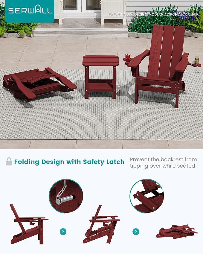 SERWALL Modern Folding Adirondack Chair Set with 9 Ft Umbrella, Folable Adirondack Chairs Set of 2 with Cup Holders, HDPE Fire Pit Chairs for Patio Lawn Garden, Red (Umbrella Base is not Included)