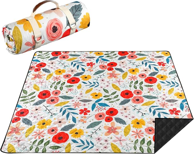 Tegeme Beach Picnic Blanket Floral Waterproof Outdoor Blanket 80''x80'' Extra Large Portable Sandproof Machine Washable 3 Layer Thick Gingham Picnic Mat for Beach Camping Park Grass(Beige)