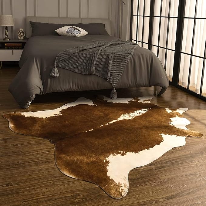 BENRON Faux Cowhide Rug, Cow Print Rug for Living Room Bedroom 5.2x6.2ft | Western cow hide rug for Cowboy Cowgirl Home Decor, Washable Rugs with Irregular Animal Skins and Hides Non Slip, Khaki Brown