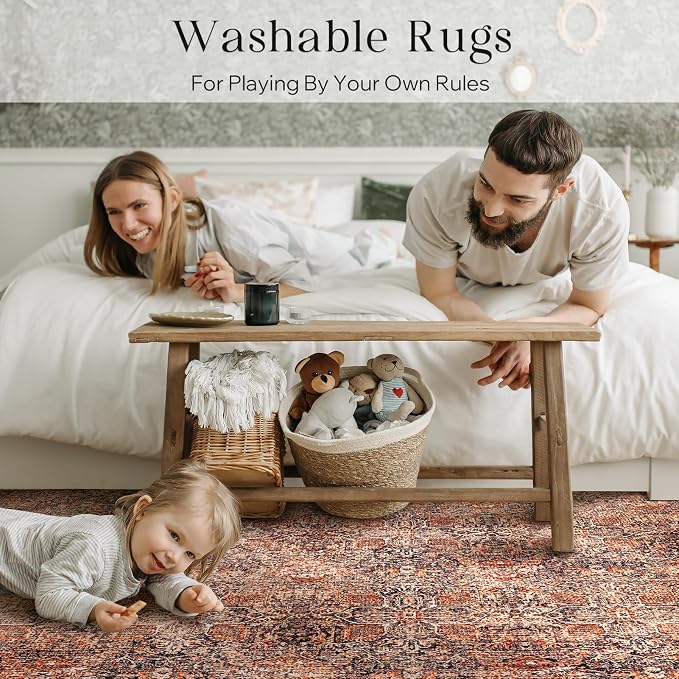 Phantoscope Washable Area Rug 8'x10' Non-Slip, Vintage Neutral Xmas Rugs for Living Room, Bedroom, Dining Room, Distressed Boho Floral Medallion Pattern, Low-Pile Foldable Carpet, Brick Red/Black