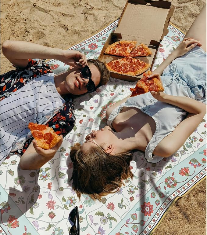 Picnic Blankets Extra Large Waterproof, 80"x 60" Boho Floral Beach Mat with Corner Pockets Windproof Sandproof Foldable Portable 3-Layer Mat for Wet Grass,Parks,Music Festival,Camping,Concerts
