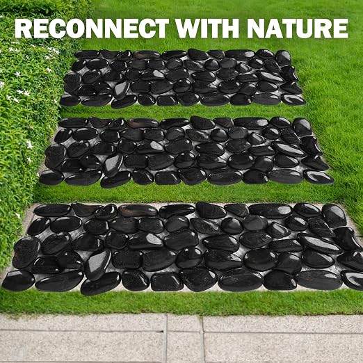 River Rock Stepping Stones Outdoor for Garden Walkway, 6 Pcs 12" L x 4" W Rectangle Shape Paver Step Stones Polished Pebble River Stone Mat for Yard Lawn Patio Pathway Walk Way - Black
