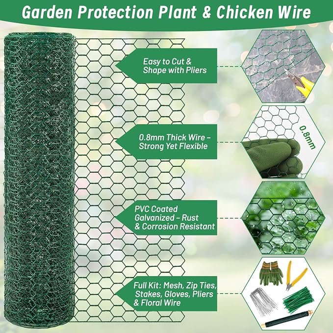 Convivium Plant Protectors from Animals, 0.8mm Free-Cut Green Chicken Wire Mesh, PVC Coated Tree Trunk Guard & Garden Fence for Outdoor Plants with Zip Ties, Stakes, Pliers, Gloves(16.4Ft*16In)