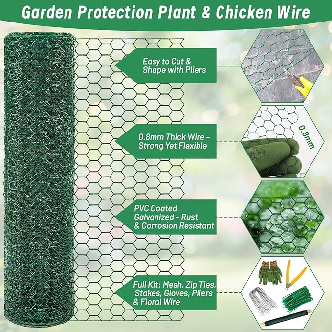 Convivium Plant Protectors from Animals, 0.8mm Free-Cut Green Chicken Wire Mesh, PVC Coated Tree Trunk Guard & Garden Fence for Outdoor Plants with Zip Ties, Stakes, Pliers, Gloves(16.7 Ft*24In)