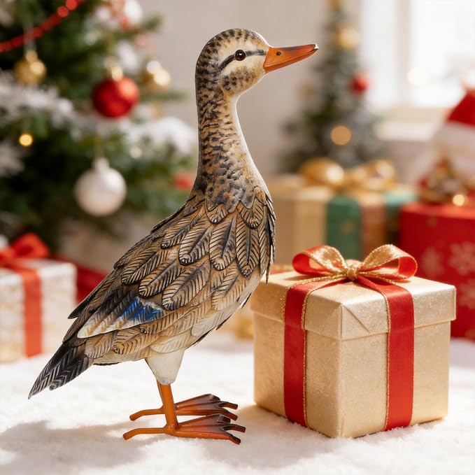 Shorayn Metal Duck Garden Statue, Life-Size Iron Hen Mallard, Handmade Gray Duck Yard Decor, Indoor Outdoor Ornament, Gift for Housewarming/Mother’s Day/Christmas