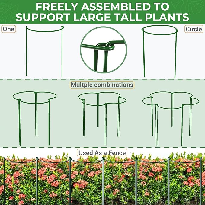 LEOBRO Plant Support Plant Stakes, 6pcs Peony Cages and Supports, Metal Garden Stakes Plant Supports, Plant Support Stakes, for Peony, Tomato, Hydrangea, Indoor Outdoor Plants, 10" W x 24" H