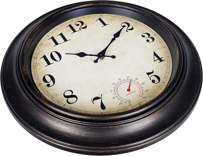 Large Outdoor Clocks Waterproof with Thermometer Combo Vintage Outdoor Wall Clock Decor for Patio Pool Garden(18 Inch)