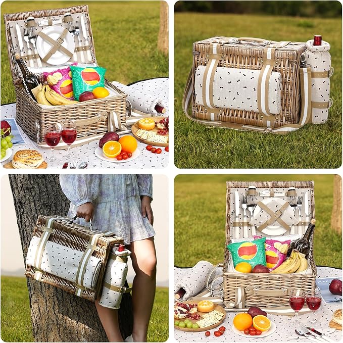 19Pcs Picnic Basket for 2 with Blanket - Wicker Picnic Basket with Strap,Wine Bag | Willow Picnic Set for 2 Person with Insulated Cooler | Wicker Hamper with Cutlery Kit, Beige