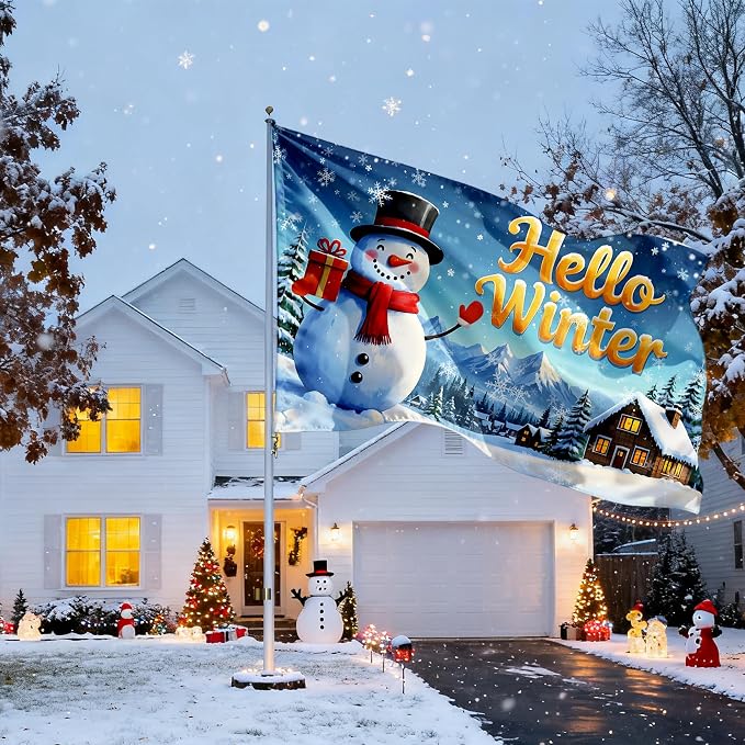 3x5ft Hello Winter Flag – Double-Sided Christmas Yard Flag with 2 Brass Grommets & White Sleeve, Outdoor Holiday Decoration for Garden, Porch, and Patio
