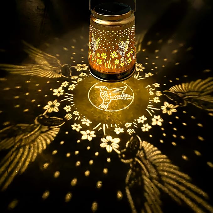 KY&BOSAM Retro Solar Lanterns Outdoor Waterproof Hummingbird Garden Decor | Premium Old Gold Color Metal Hanging Outside Solar Lights,Birthday Gifts for Women Mom Outside for Yard,Patio,Backyard,Porch