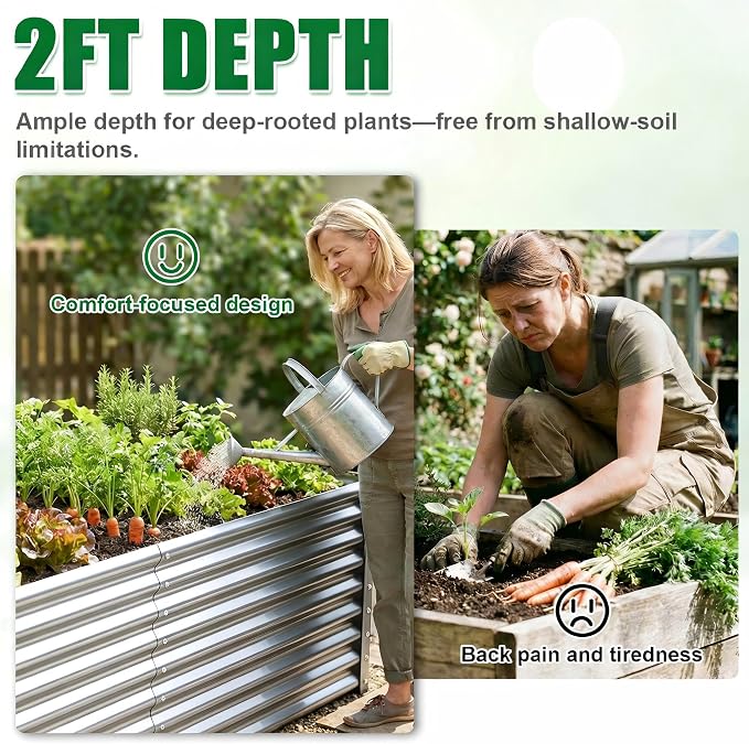 Tall Galvanized Raised Garden Bed Kit Outdoor Patio,6x3x2ft Large Rectangular Metal Planter Boxes,Deep Root Box Planter for Gardening, Vegetables, Flowers, Herbs, 1 Pack, Silver